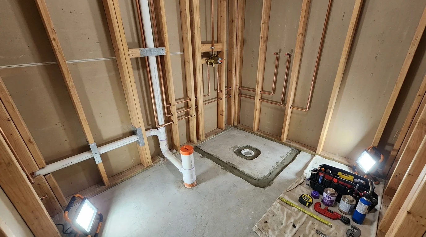 Bathroom rough-in plumbing during remodel by Johns Plumbing LLC in Paulina