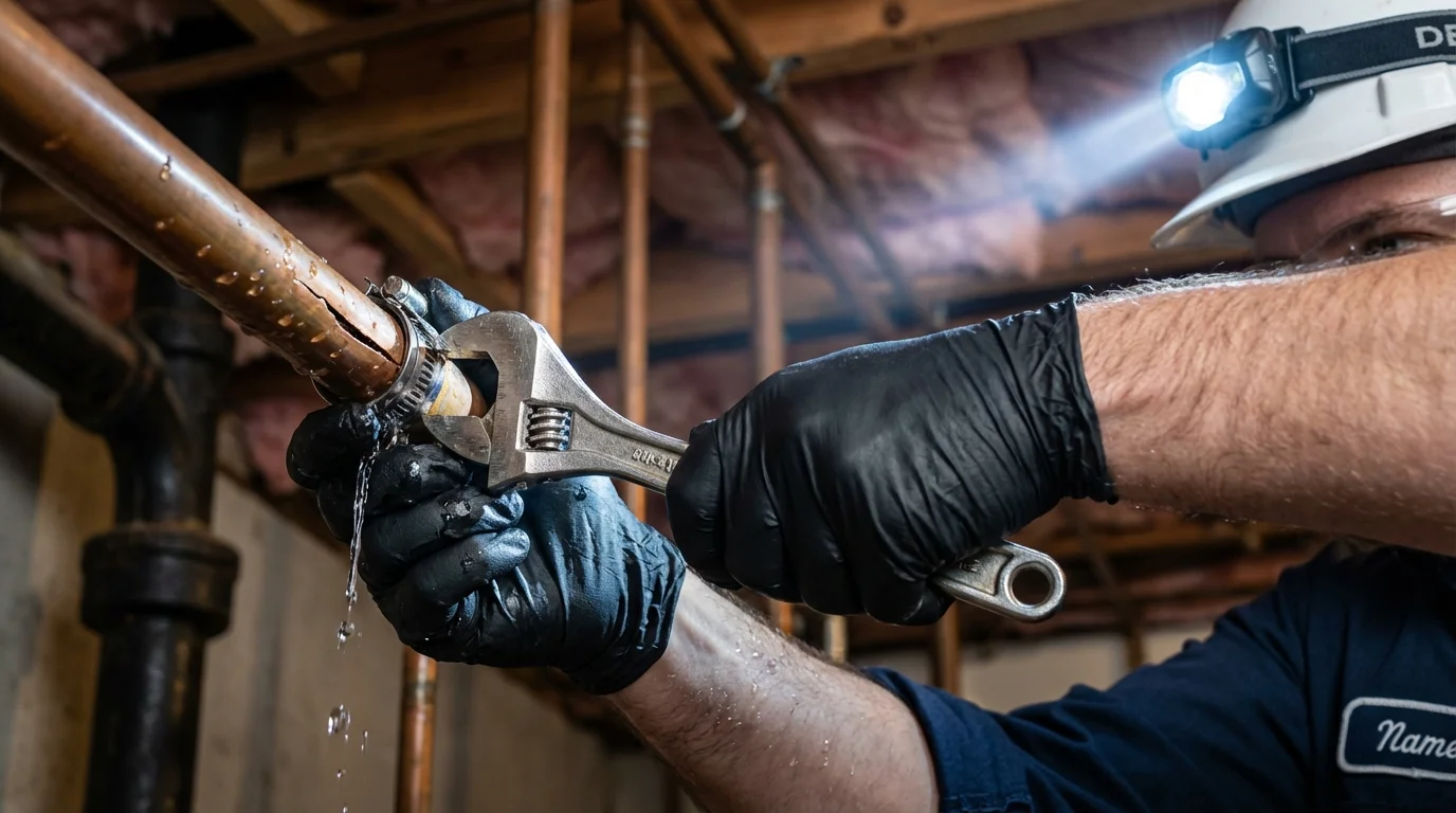 Emergency pipe clamp repair being performed by a Johns Plumbing LLC plumber in Paulina