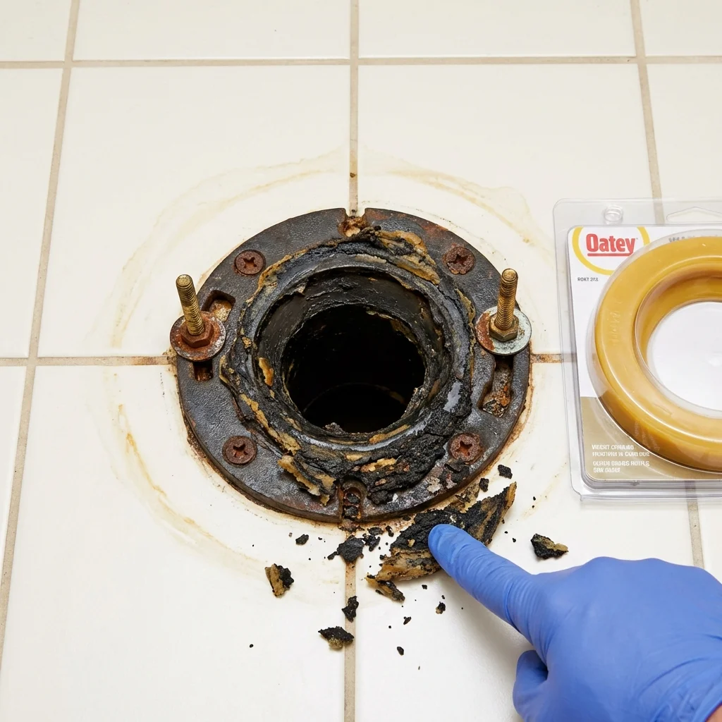 Failed wax ring showing water seepage at the base of a toilet in a Paulina, LA home