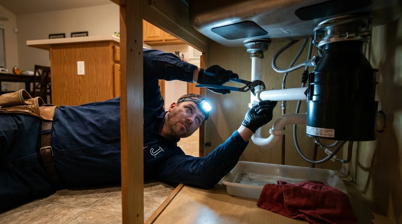 P-trap and supply line connections under a kitchen sink showing a common leak point in Paulina, LA